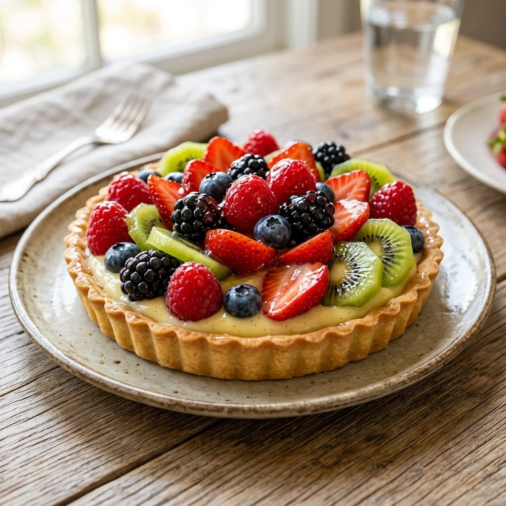 Colorful fruit tart topped with fresh berries and kiwi on a pastry crust