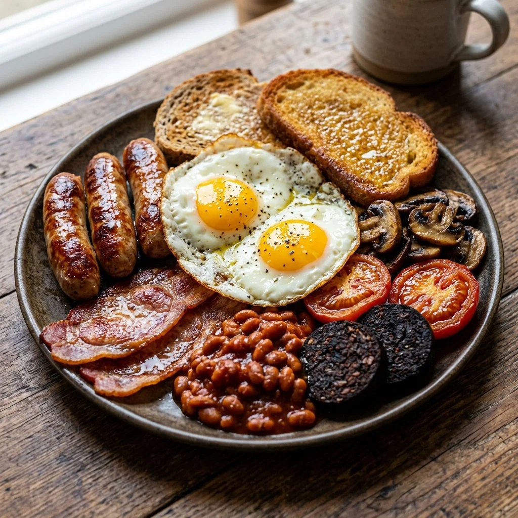 Full English Breakfast with eggs, bacon, sausage, and toast on a plate