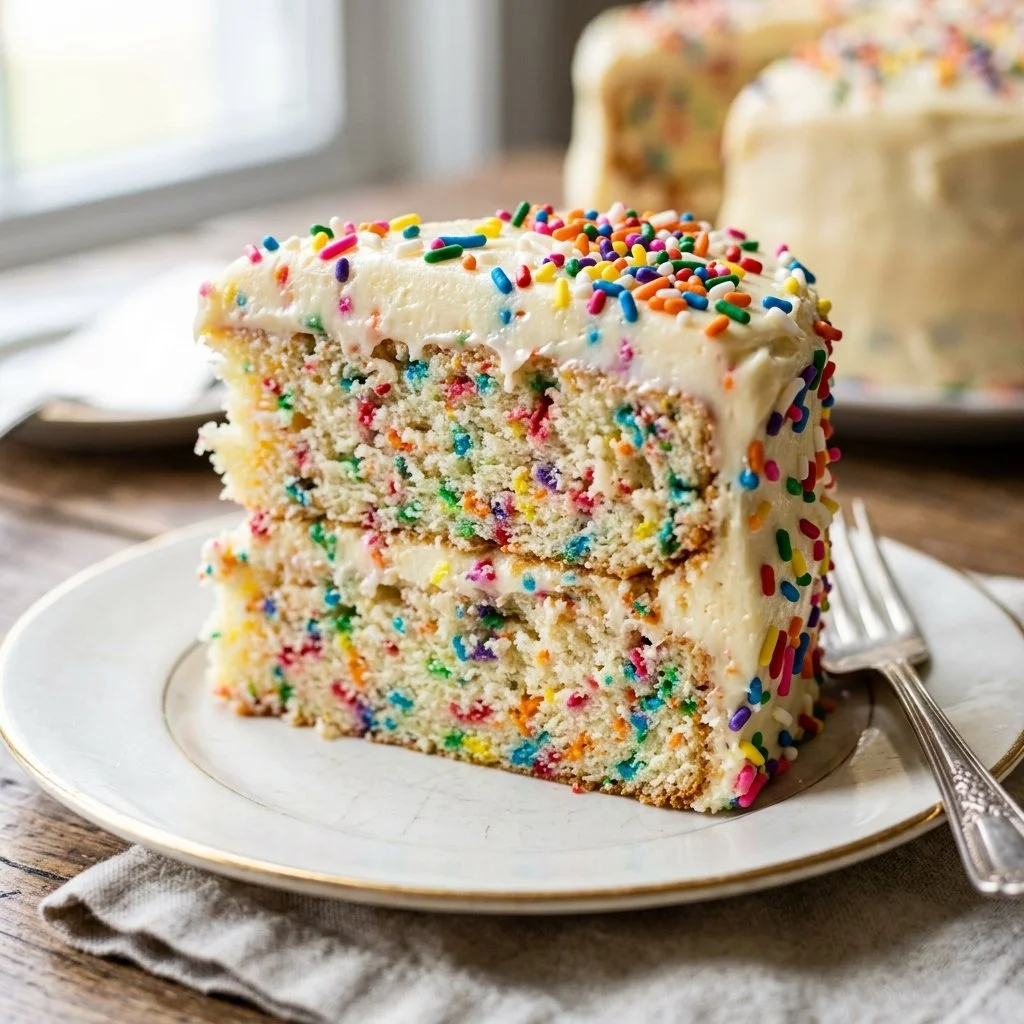 Slice of Funfetti Cake with colorful sprinkles on a white plate