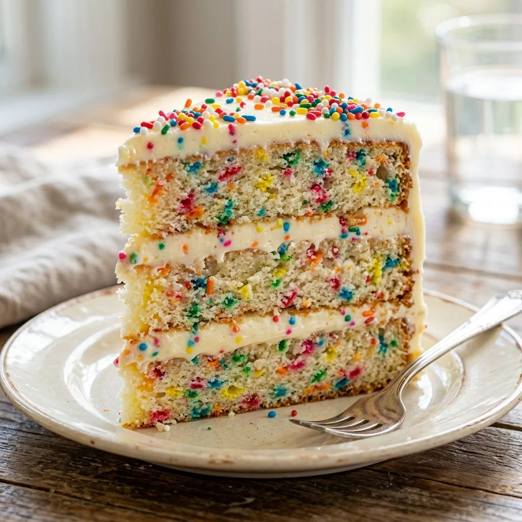 A vibrant slice of Funfetti Cake topped with colorful sprinkles and creamy frosting.