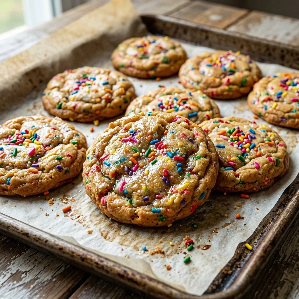Delicious Funfetti Cookies with colorful sprinkles on a plate.