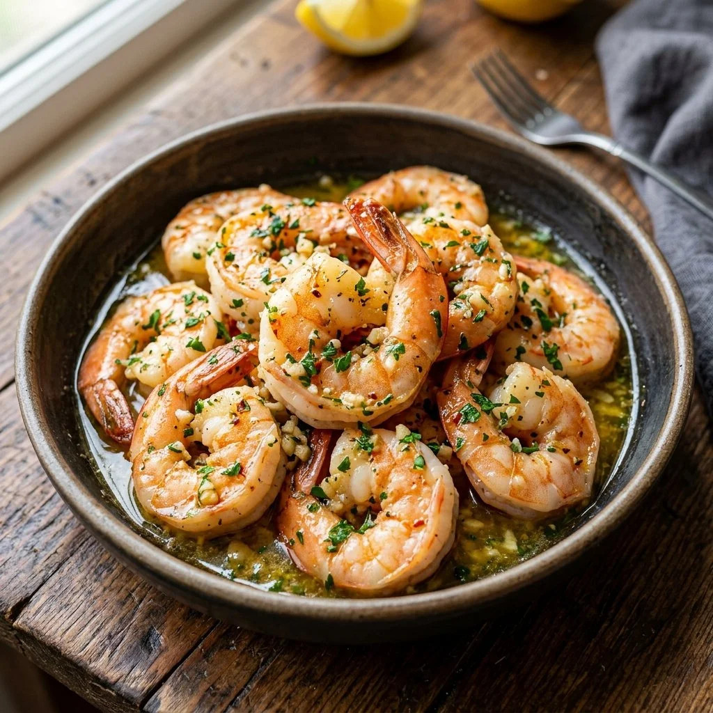 Plate of Garlic Butter Shrimp garnished with herbs
