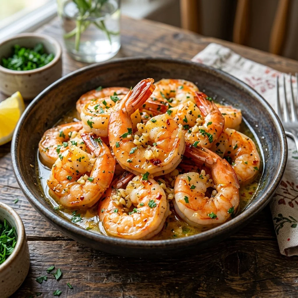 Delicious Garlic Butter Shrimp served with fresh herbs and lemon
