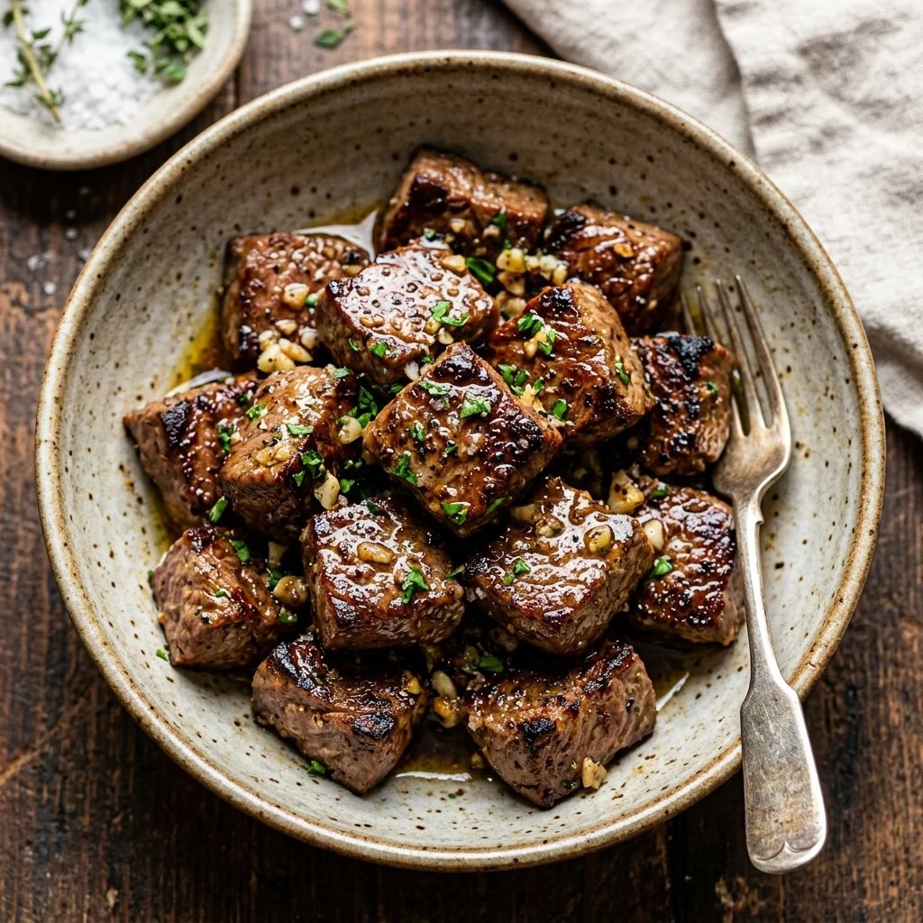 Delicious garlic butter steak bites served on a plate