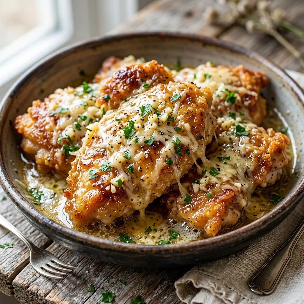Delicious Garlic Parmesan Chicken topped with herbs and cheese
