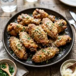 Crispy Garlic Parmesan Chicken Wings garnished with parsley on a serving platter