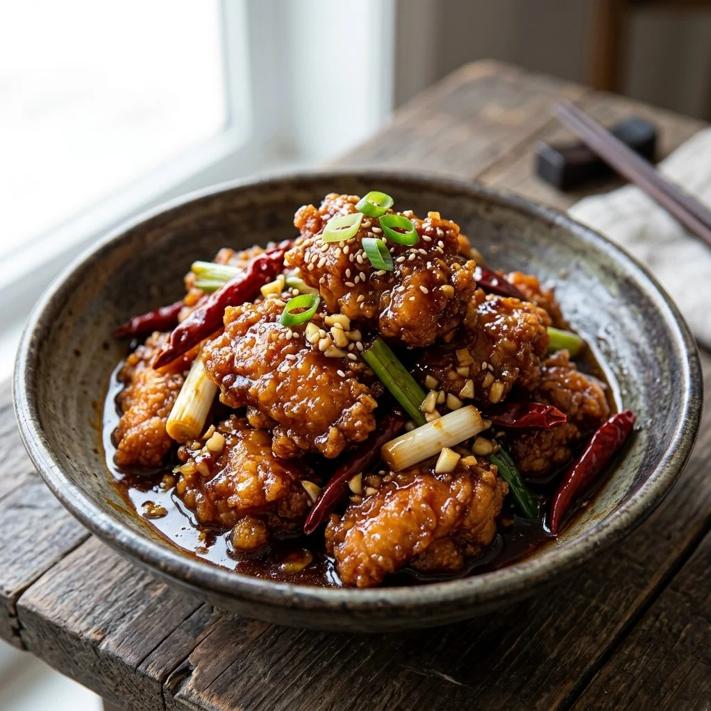 Plate of General Tso's Chicken garnished with green onions and sesame seeds