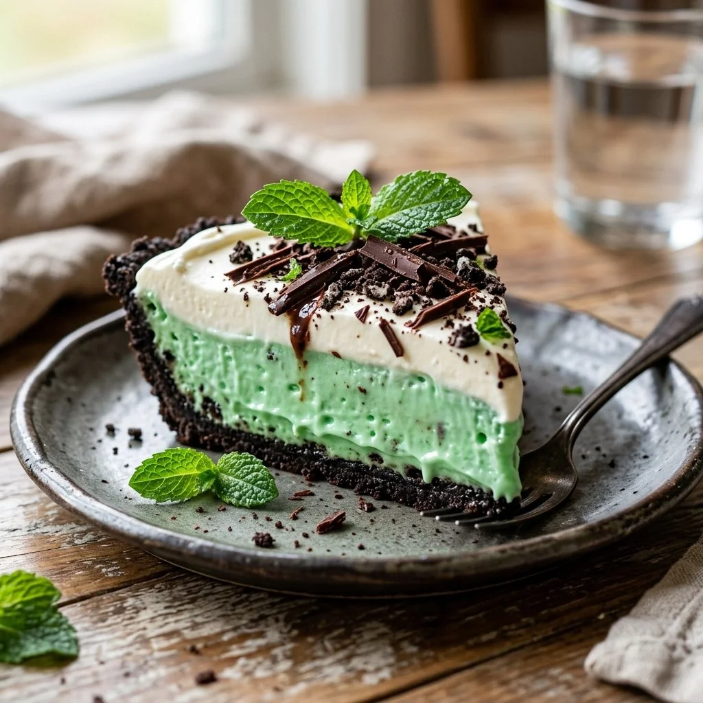 Delicious Grasshopper Pie served in a dessert dish with chocolate and mint toppings