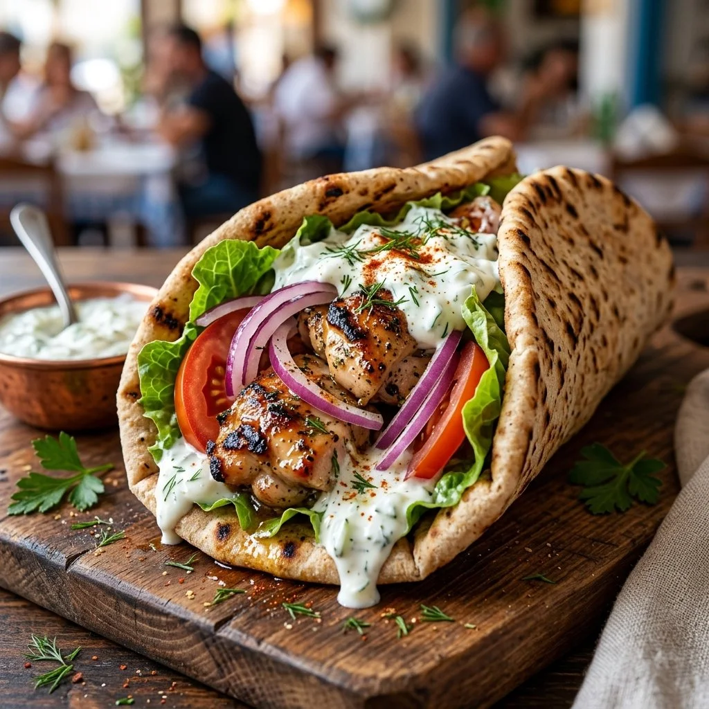 Plate of Greek Chicken Gyros with fresh veggies and tzatziki sauce.