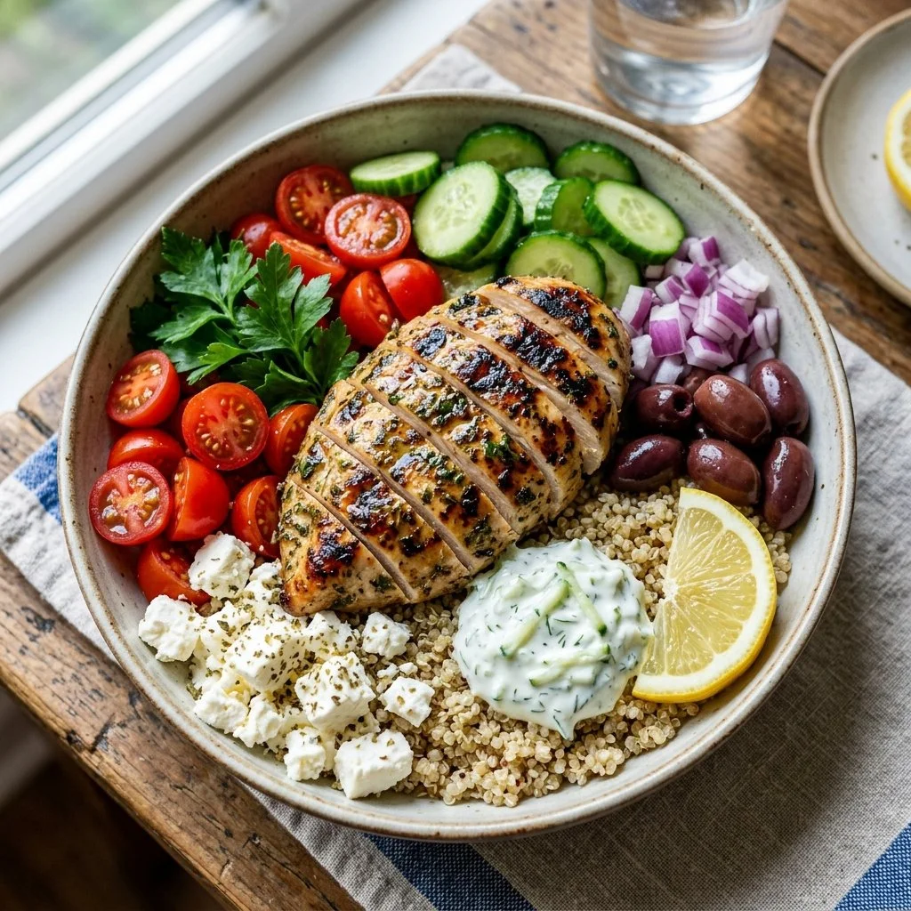 Bowl of Greek Chicken Power Bowl with vegetables and dressing