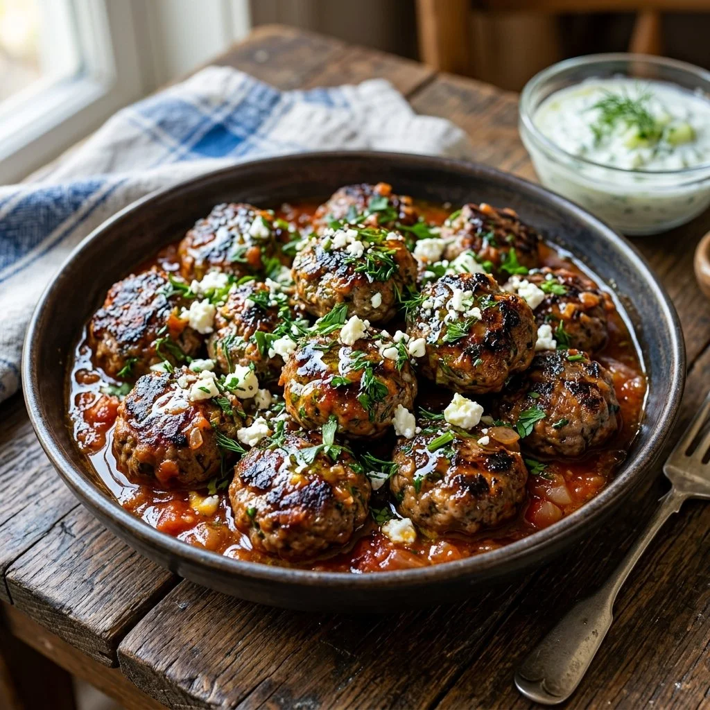 Delicious Greek meatballs served with fresh herbs and sauce