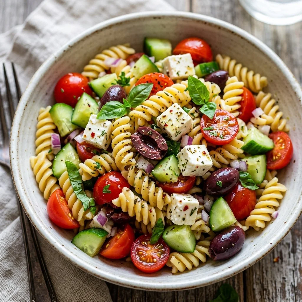 Colorful Greek Pasta Salad with tomatoes, olives, and feta cheese in a bowl