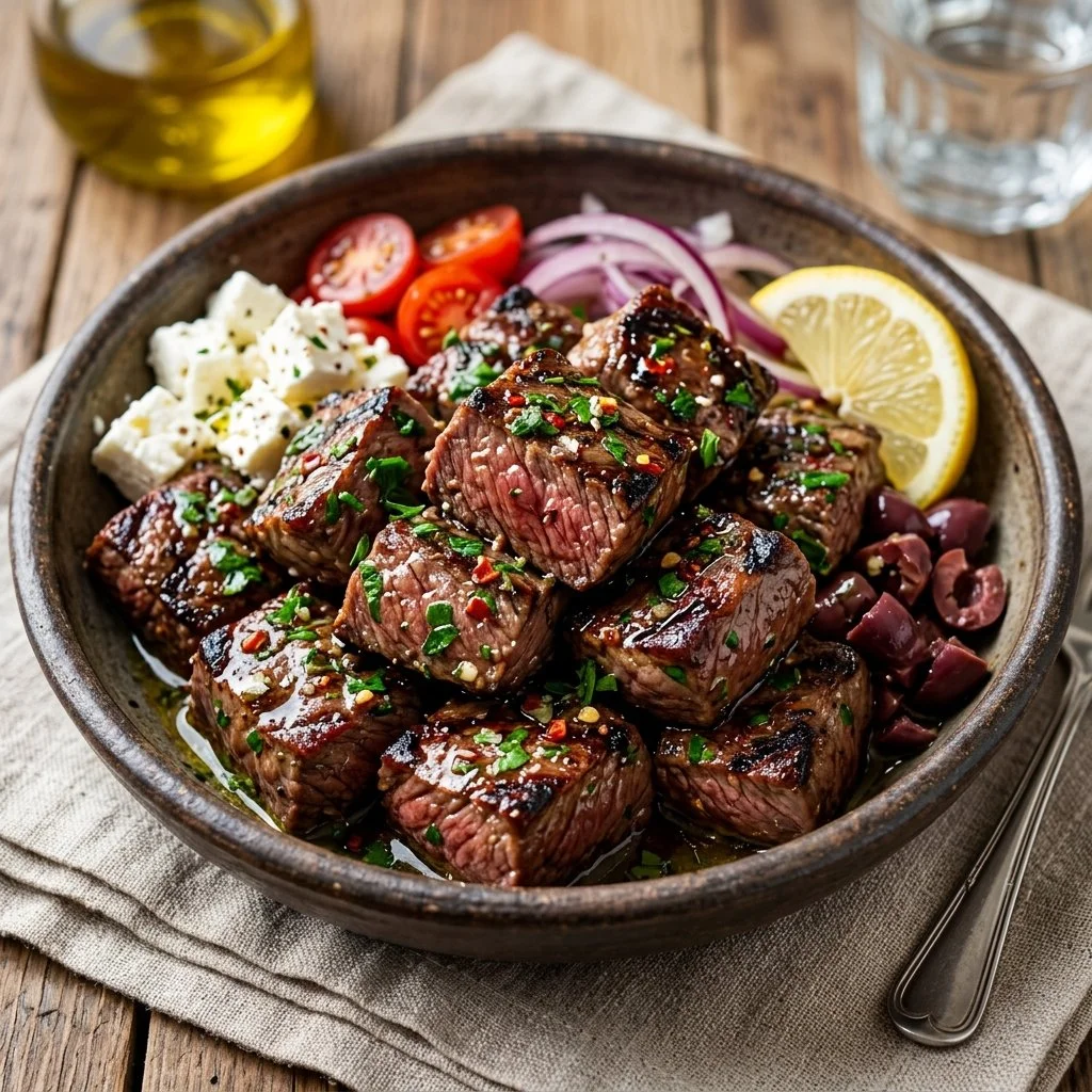 Delicious Greek steak bites garnished with herbs and spices