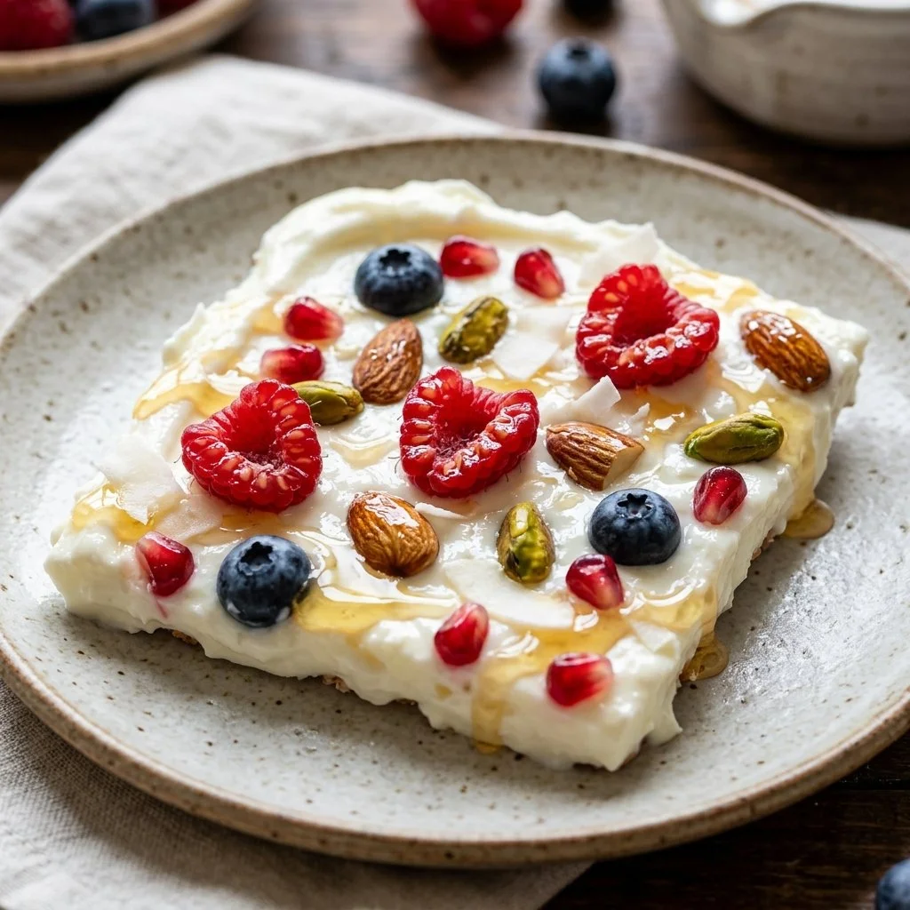 Delicious Greek yogurt bark with fresh fruits and nuts