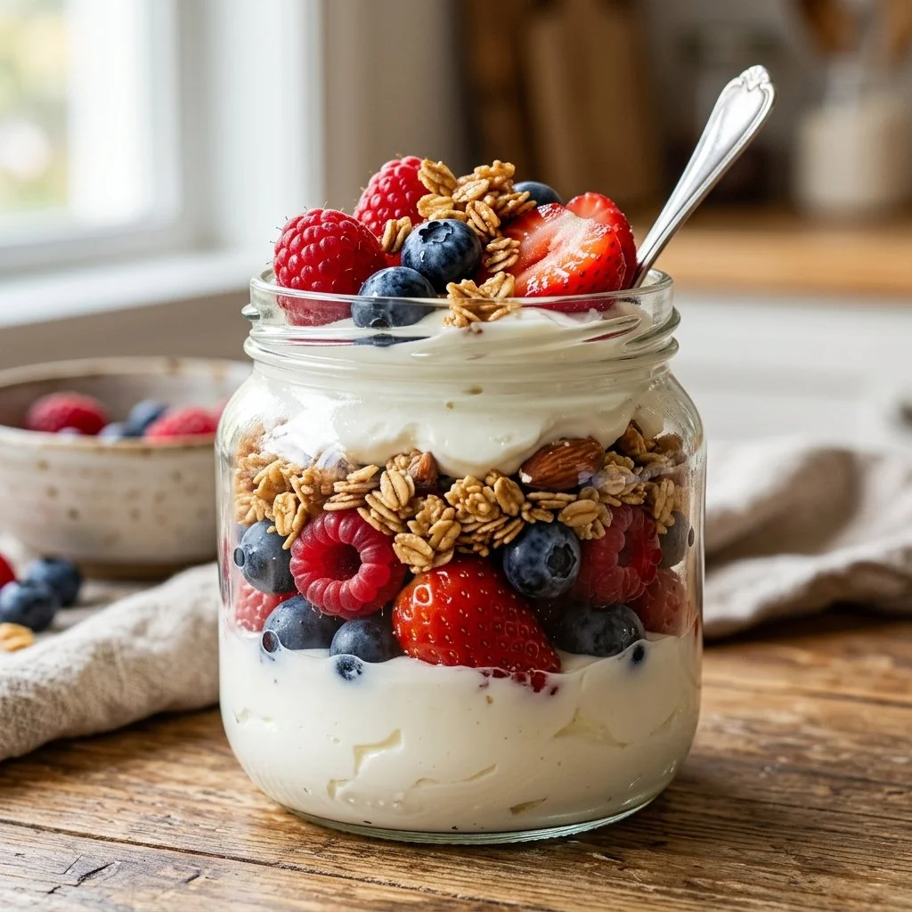 Greek yogurt parfait with layers of fruit and granola