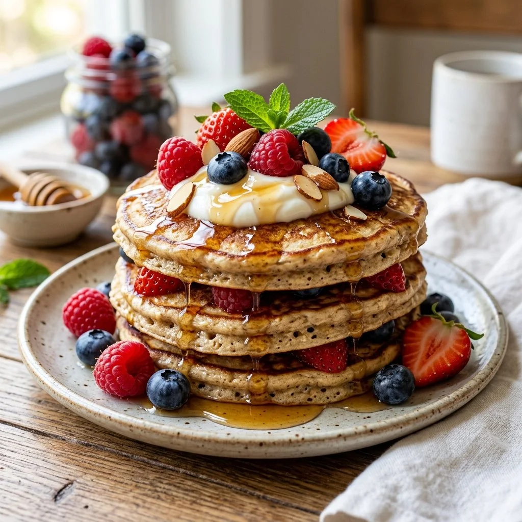 Fluffy Greek yogurt protein pancakes stacked on a plate with fresh fruit