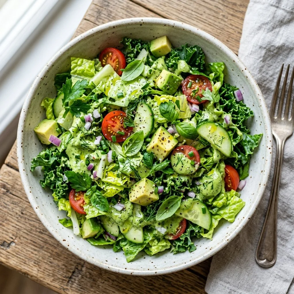 Bowl of colorful Green Goddess Salad with greens, veggies, and creamy dressing