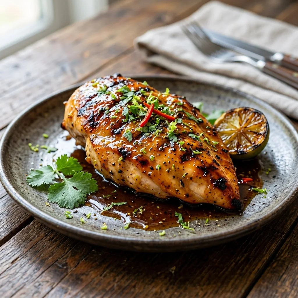 Grilled Honey Lime Chicken with herbs and lime garnish on a plate