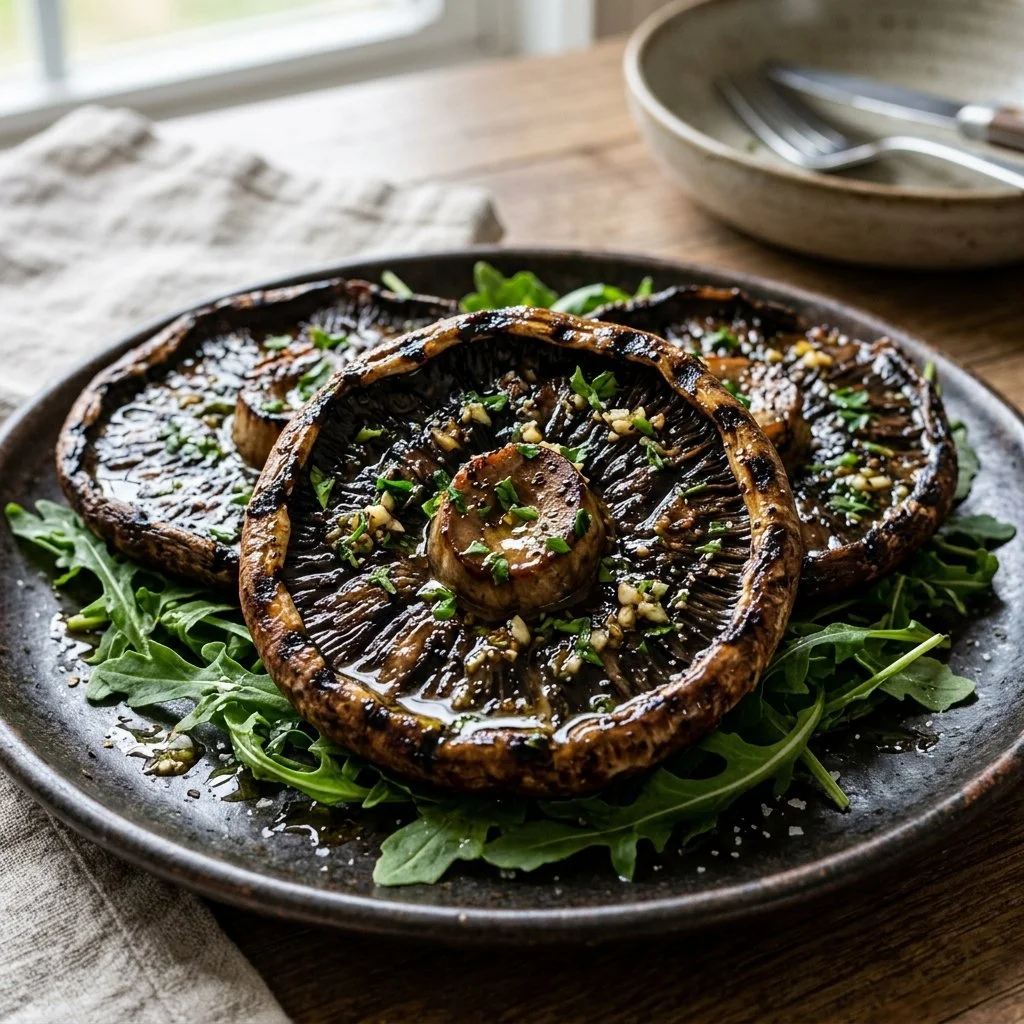 Grilled portobello mushrooms on a barbecue grill with herbs and spices
