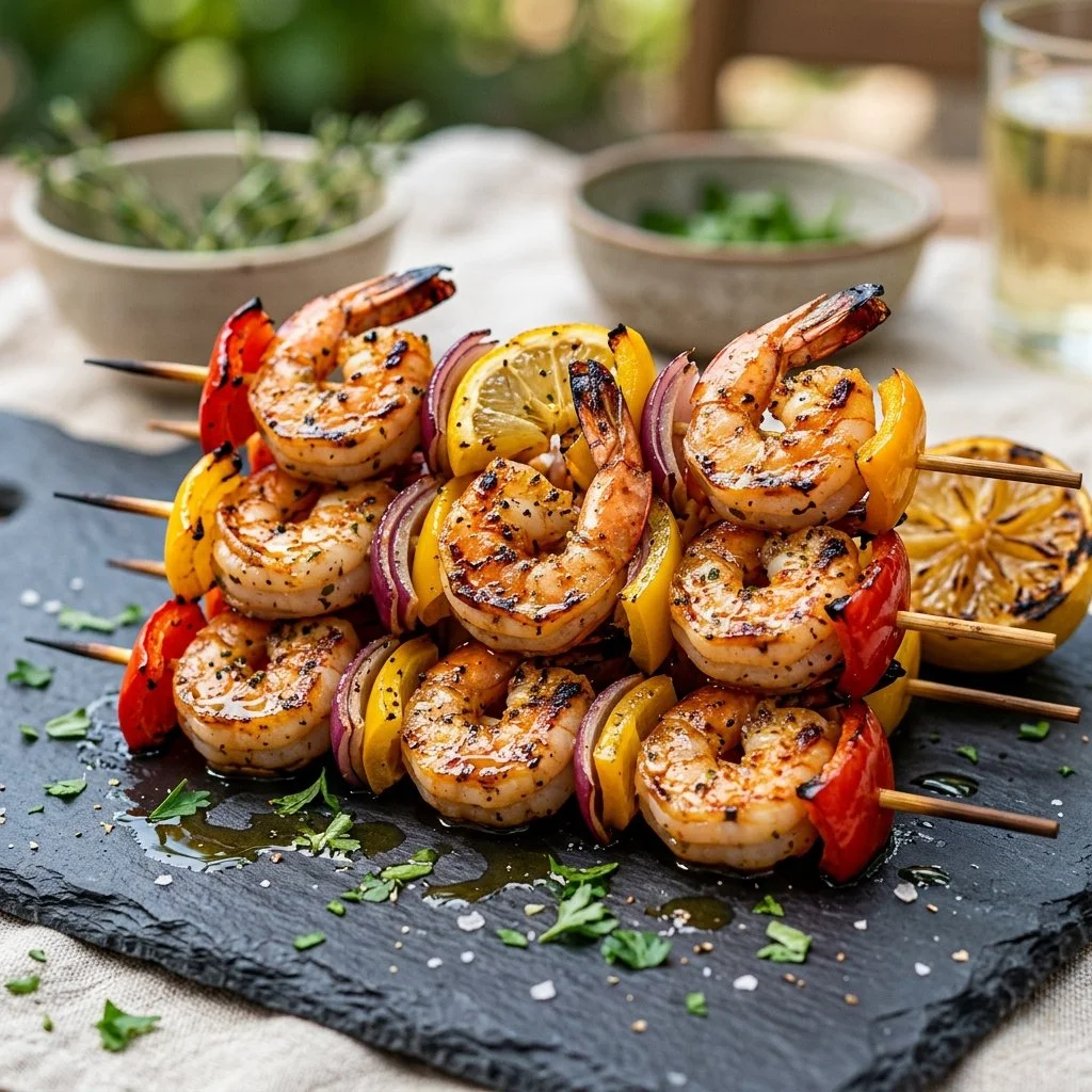Delicious grilled shrimp skewers served on a platter with herbs and lemon.