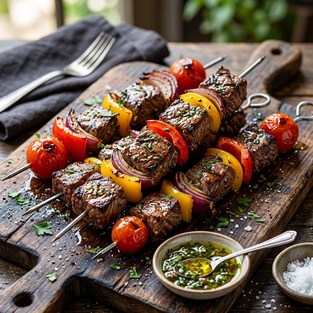 Juicy grilled steak kabobs with vegetables on skewers