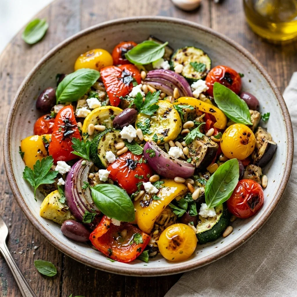 Colorful grilled vegetable salad with fresh greens and herbs