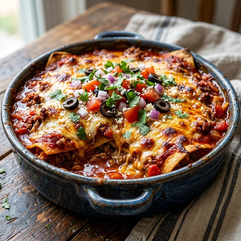 Ground beef enchilada casserole topped with cheese and fresh ingredients