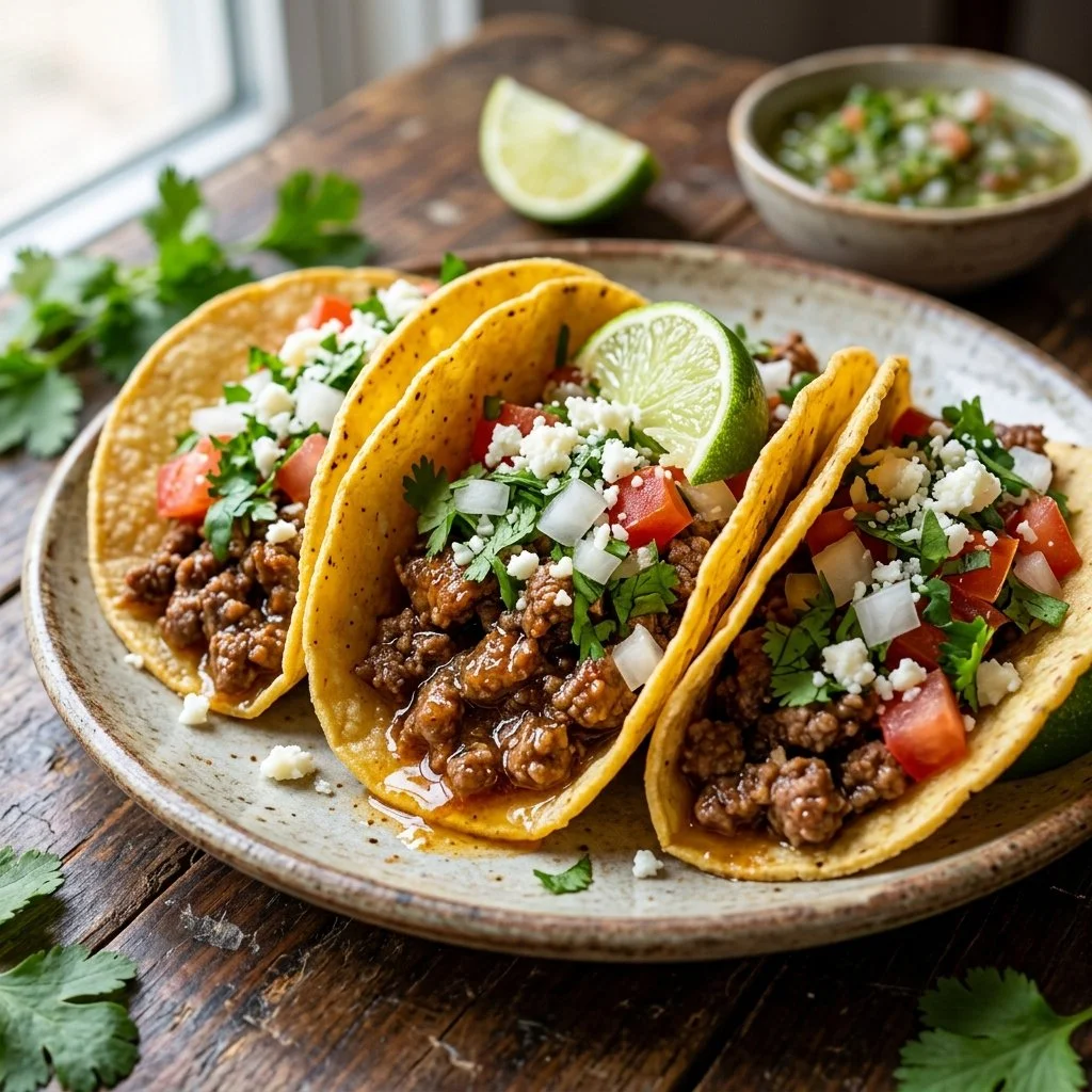Delicious ground beef tacos garnished with fresh toppings