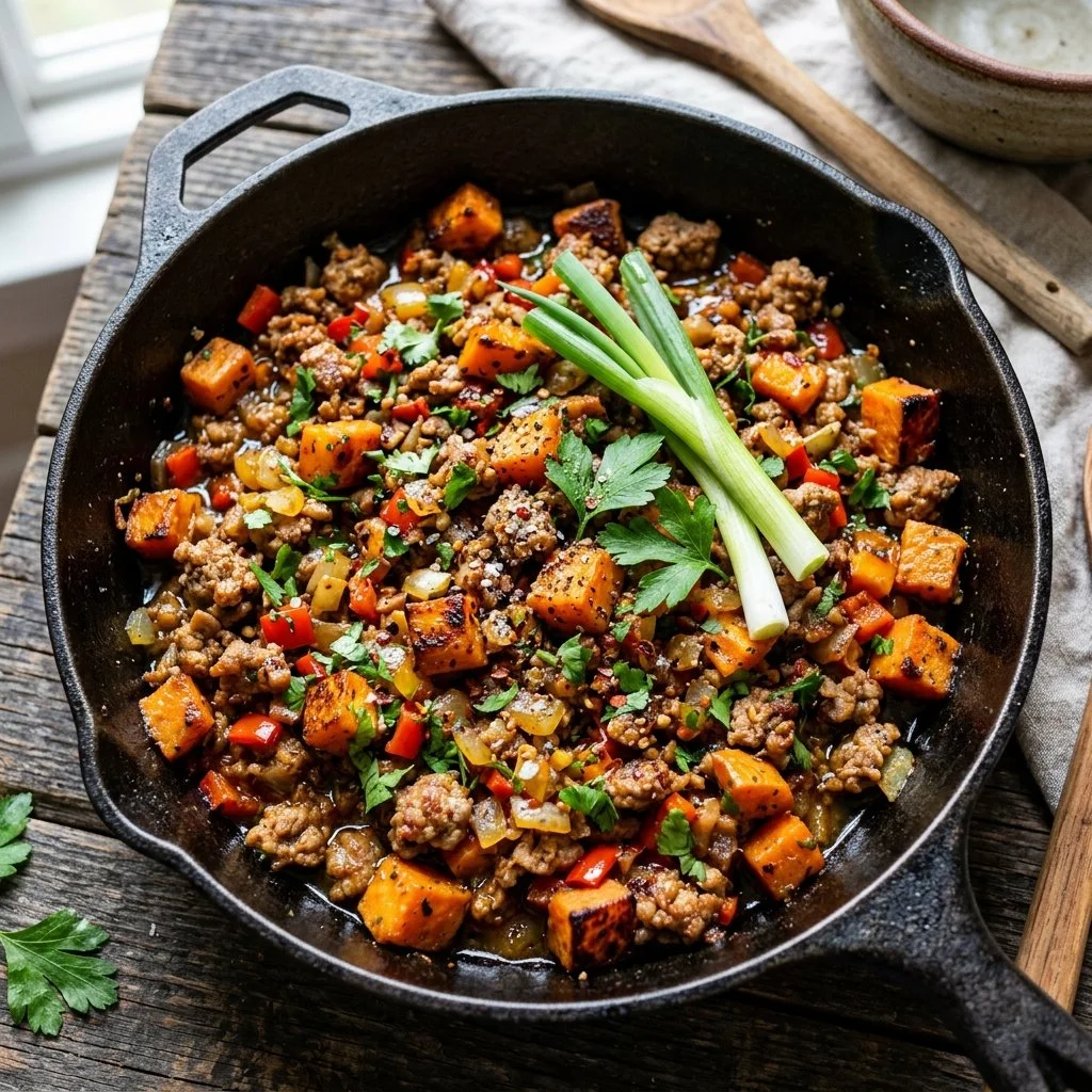 Ground Turkey Sweet Potato Hash served on a plate with fresh herbs