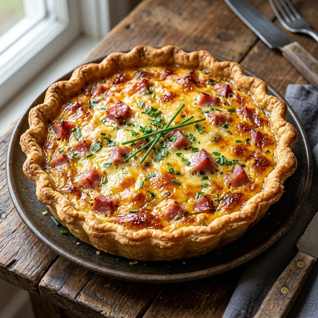Delicious homemade ham and cheese quiche served on a plate