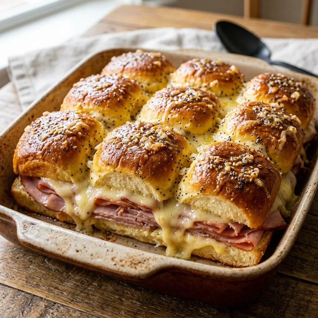 Golden ham and cheese sliders on a platter, perfect for parties and gatherings.