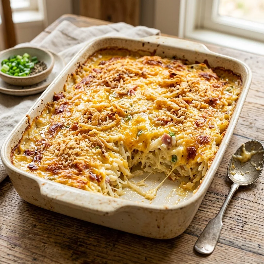 Delicious homemade Hash Brown Casserole in a baking dish