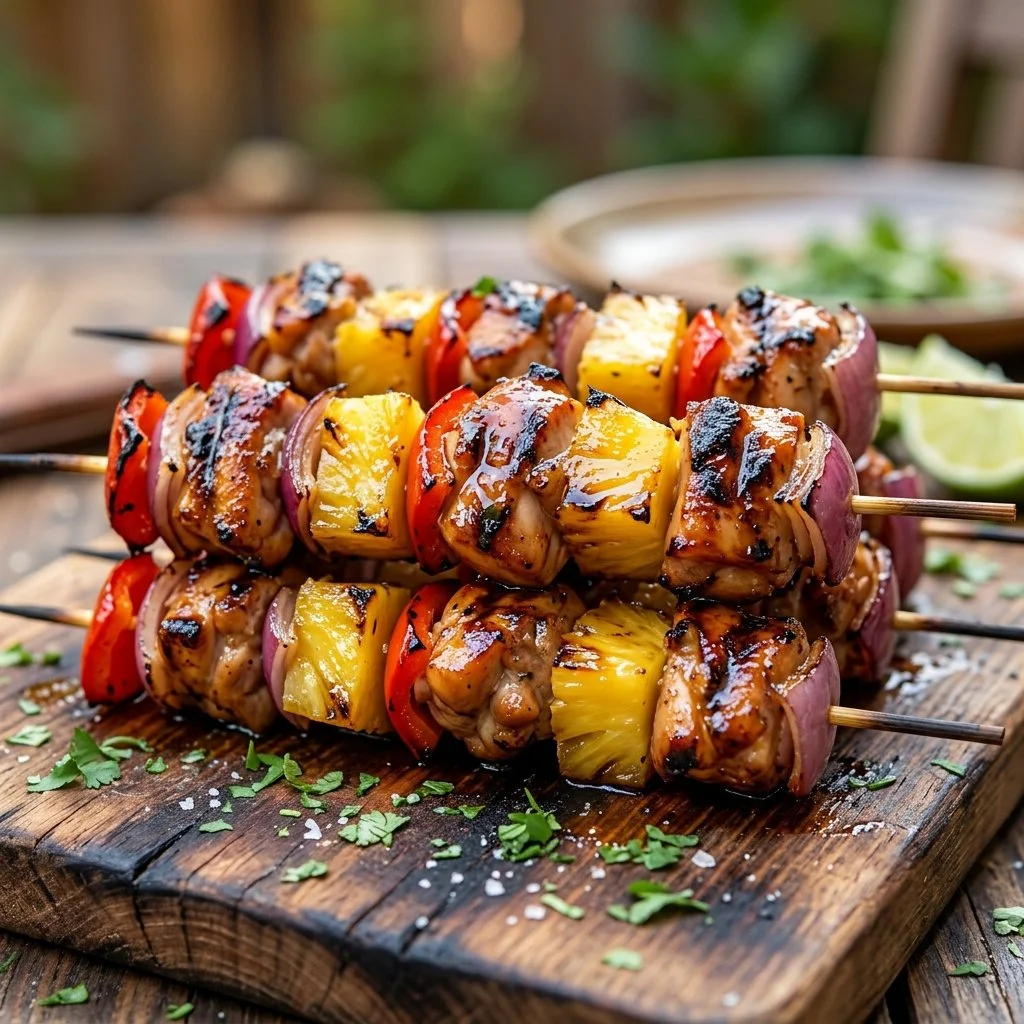 Grilled Hawaiian Chicken Skewers with colorful bell peppers and pineapple.