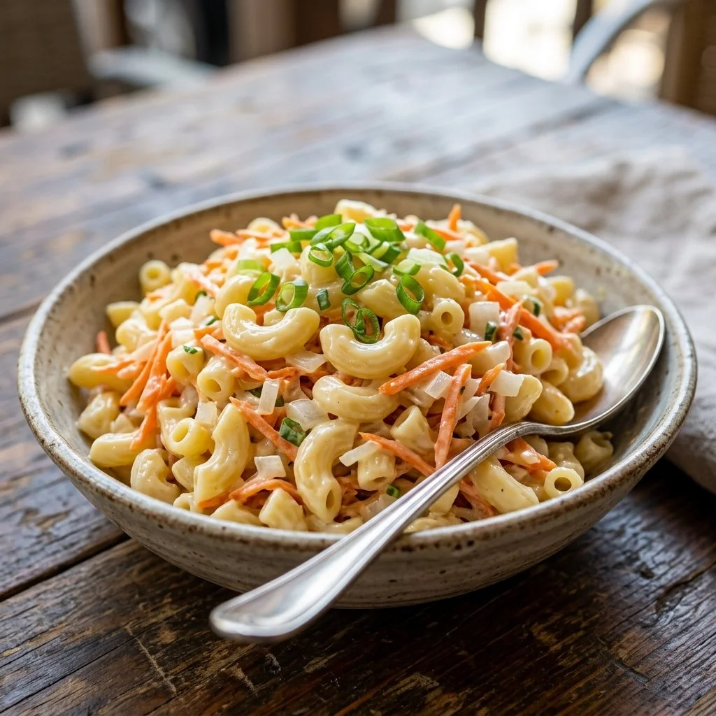 Bowl of creamy Hawaiian Macaroni Salad with vegetables and macaroni pasta.