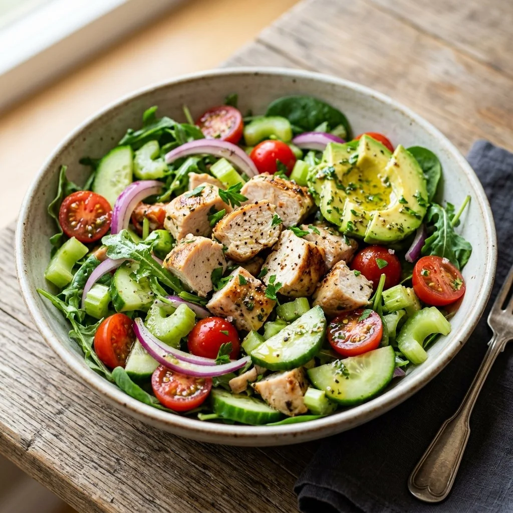 Bowl of healthy chicken salad with fresh vegetables and dressing