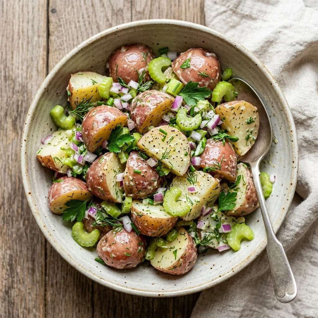 Healthy potato salad made with fresh vegetables and herbs