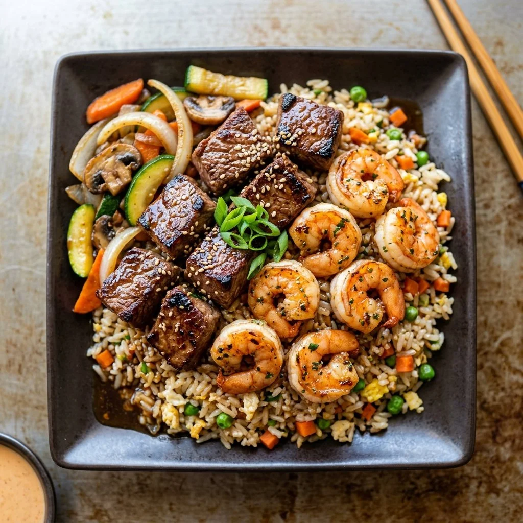 Delicious hibachi steak and shrimp grilled to perfection served with vegetables
