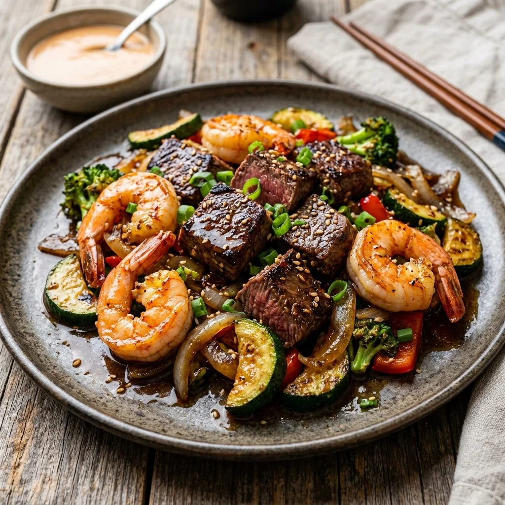 Delicious Hibachi Steak and Shrimp dish served on a sizzling grill