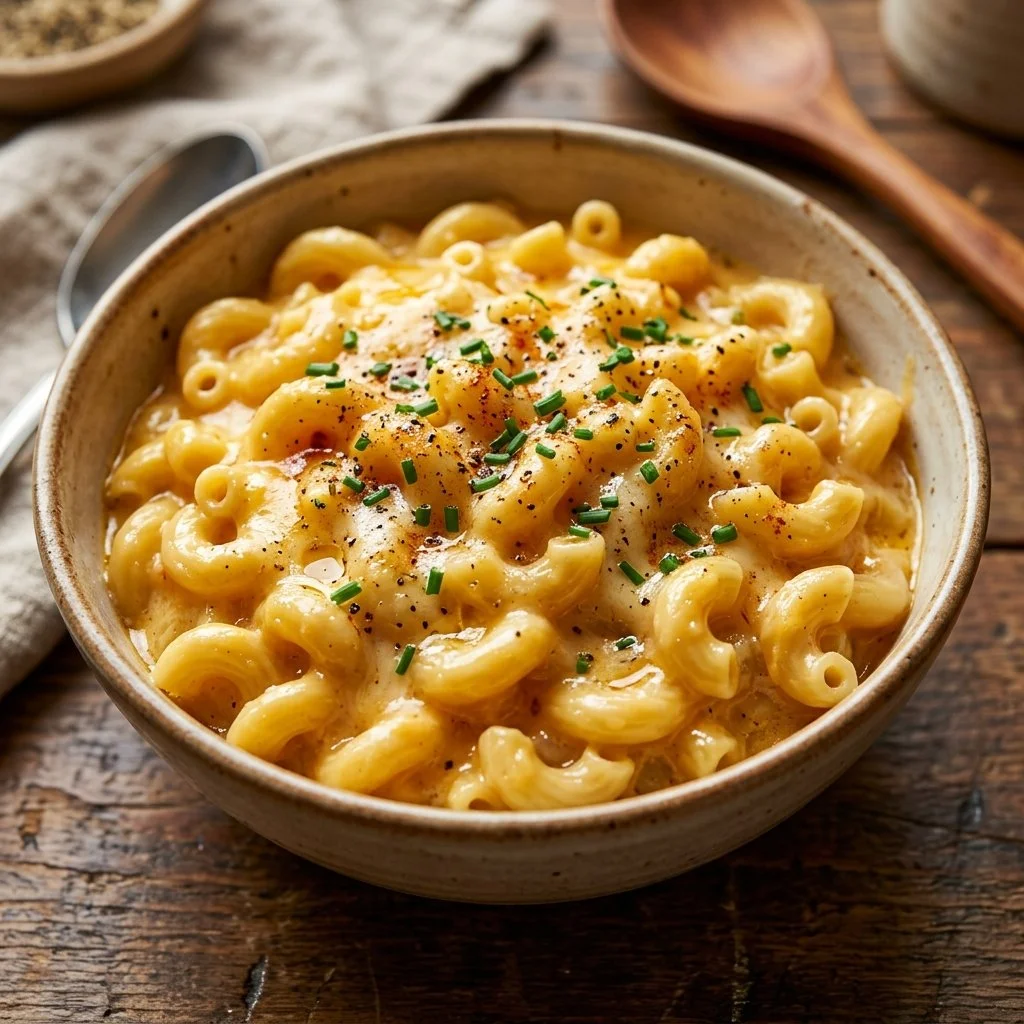 High protein mac and cheese dish with creamy sauce and pasta
