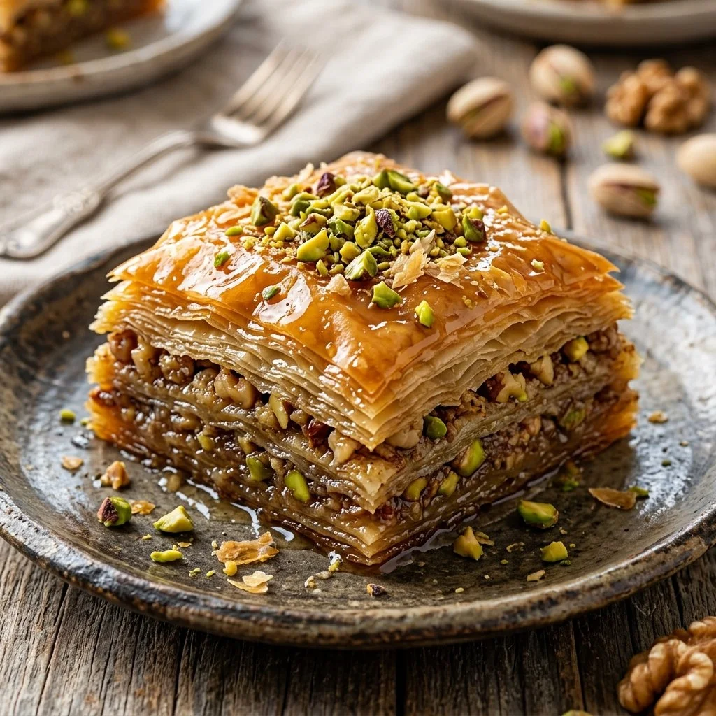 Homemade baklava with layers of phyllo pastry, nuts, and honey syrup