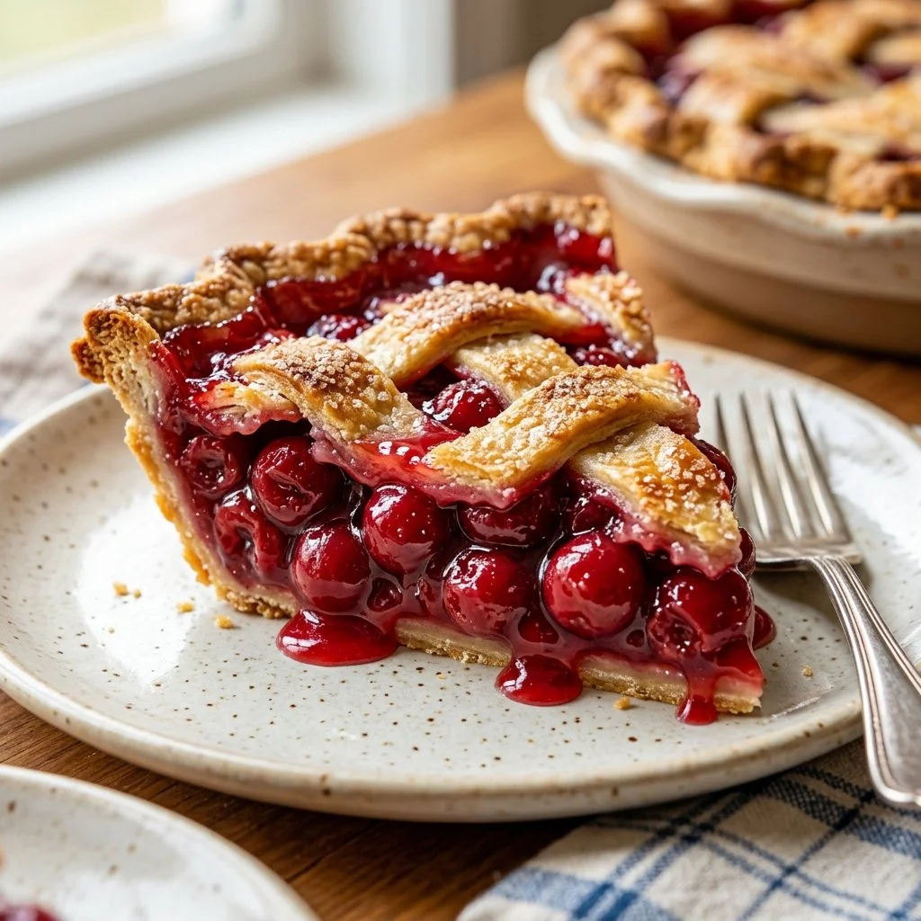 Freshly baked homemade cherry pie with a golden crust and vibrant cherry filling.