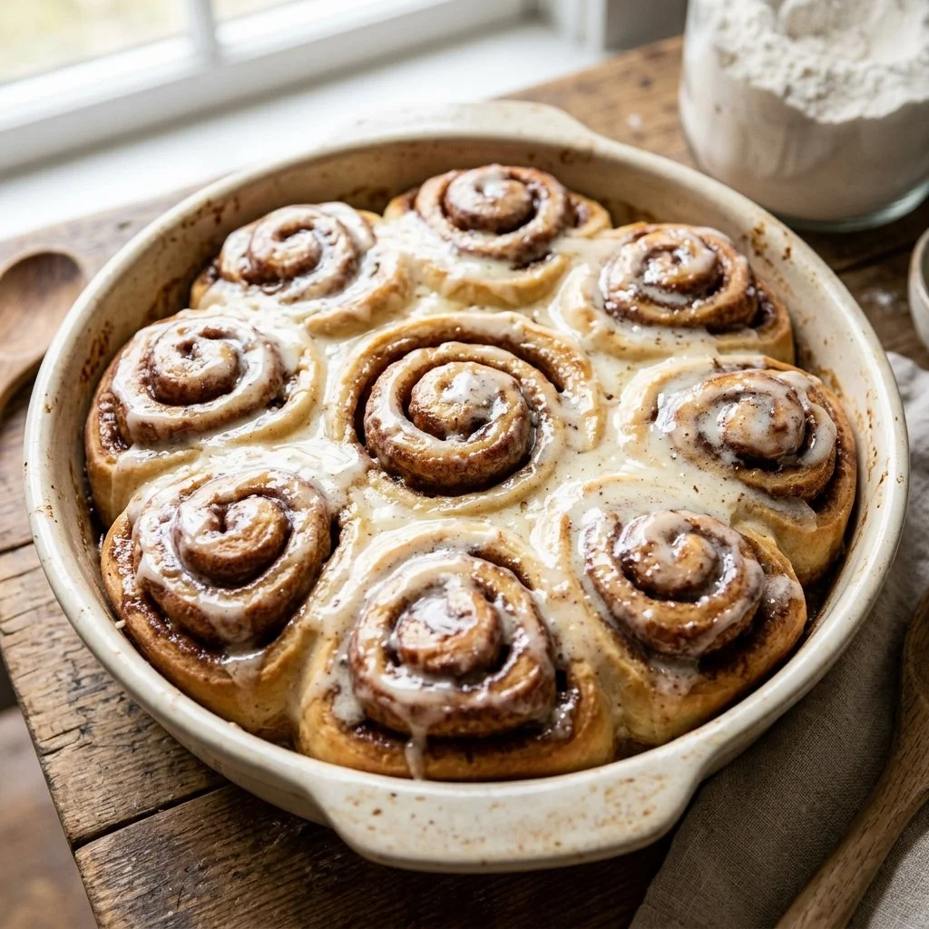 Freshly baked homemade cinnamon rolls with cream cheese frosting