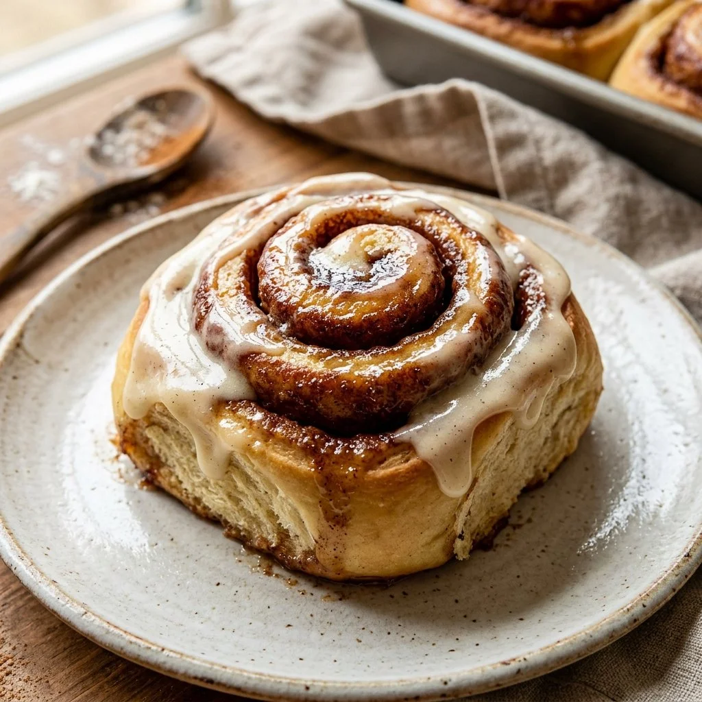 Freshly baked homemade cinnamon rolls with icing on a wooden table