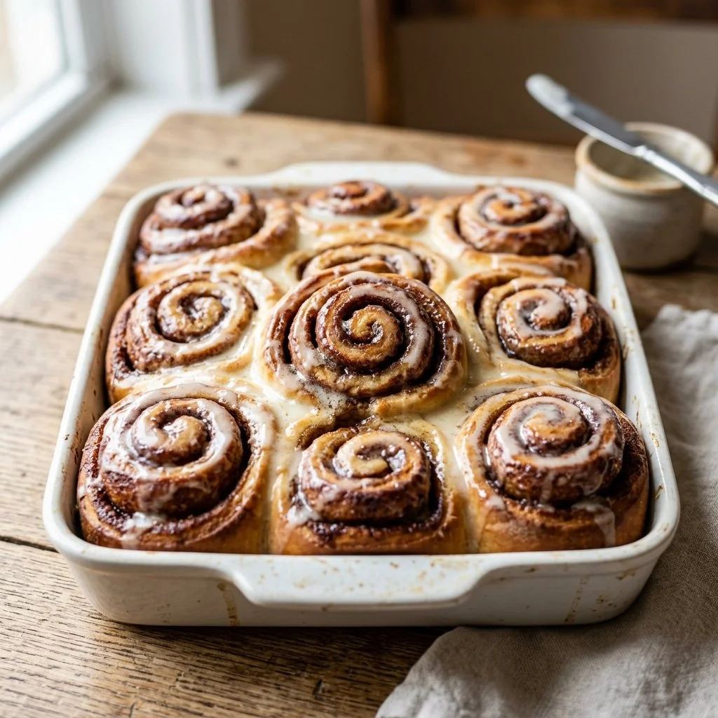 Delicious homemade cinnamon rolls with glaze on a wooden table