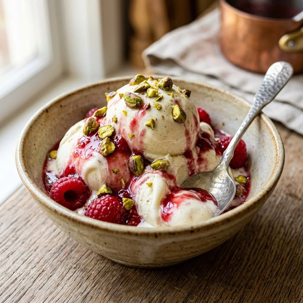 Delicious homemade gelato served in a bowl with fresh fruit toppings