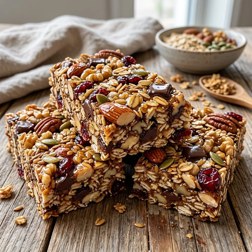 Homemade granola bars made with oats, nuts, and dried fruits