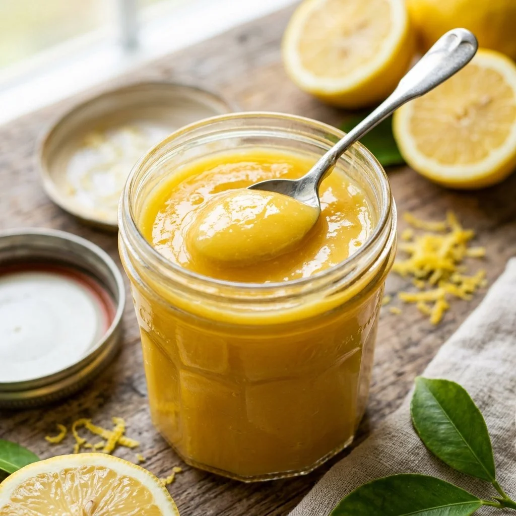 Jar of homemade lemon curd with lemons and a whisk