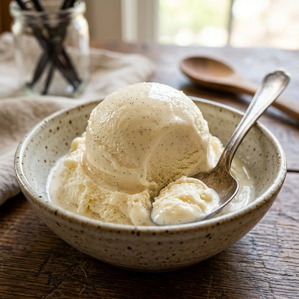 A bowl of creamy homemade vanilla ice cream topped with a cherry.