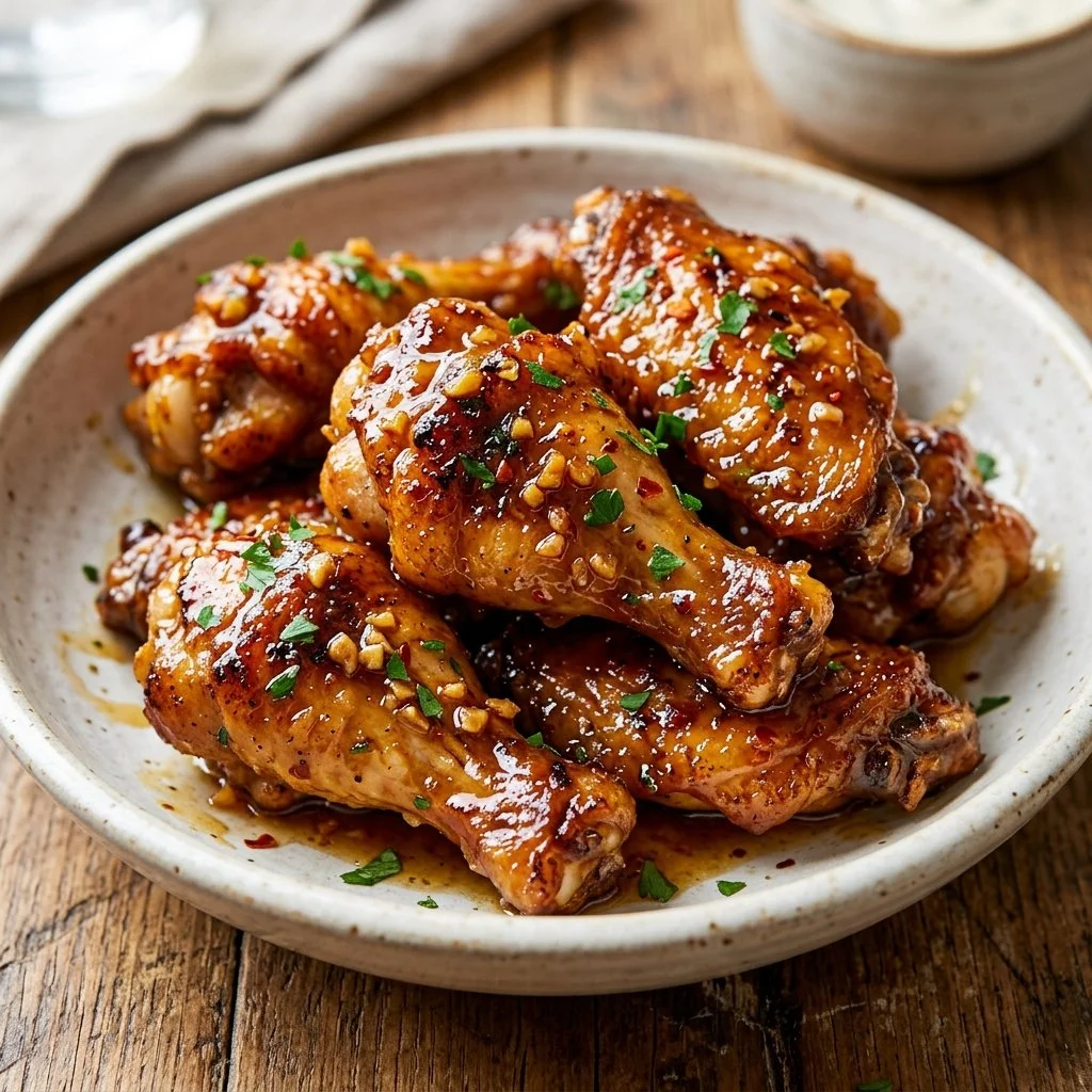 Delicious honey garlic chicken wings ready to be served