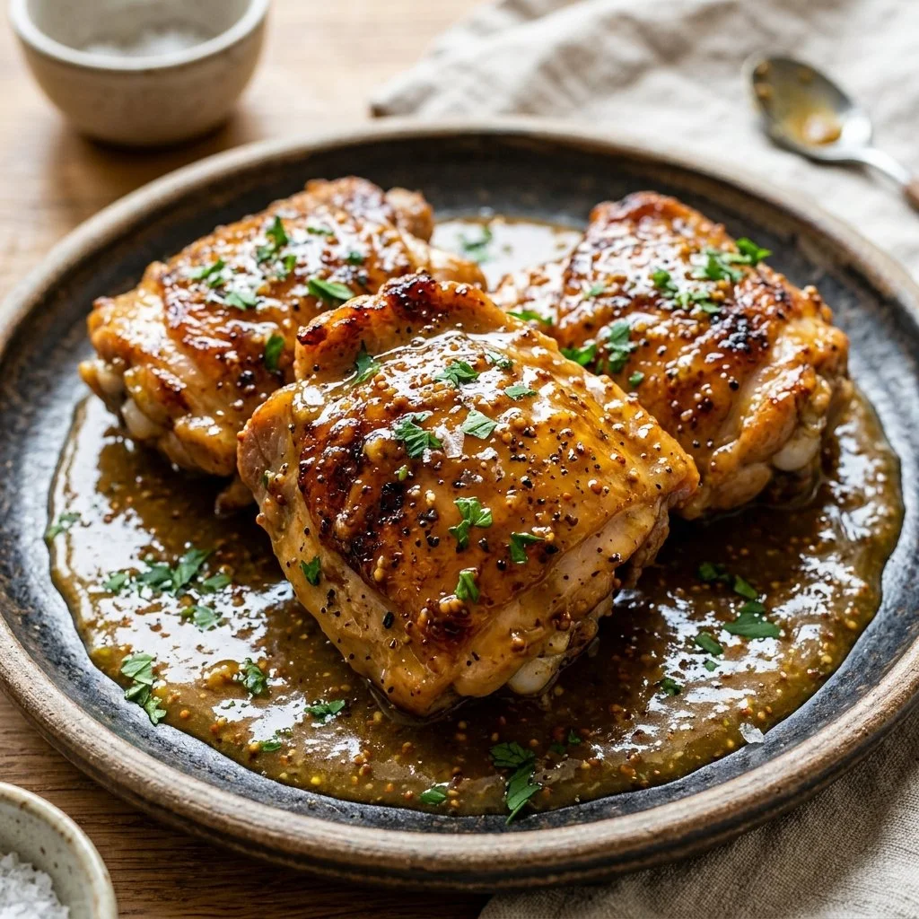 Juicy Honey Mustard Chicken drizzled with homemade honey mustard sauce.